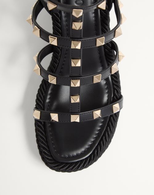 Valentino Garavani - Rockstud Ankle Strap Wedge Sandal In Calfskin Leather 95 Mm - Black - Woman - Espadrilles And Wedges